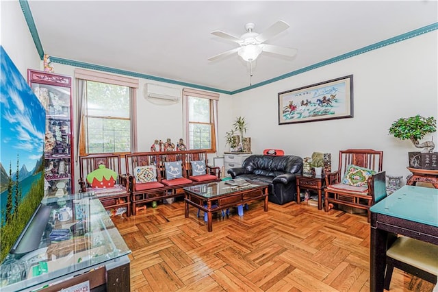 1922 E 16th St, Brooklyn, NY 11229 - living area with a wall mounted AC, a ceiling fan, and crown molding