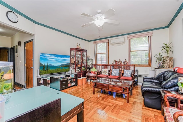 1922 E 16th St, Brooklyn, NY 11229 - living room with a wall mounted AC, radiator heating unit, ceiling fan, and ornamental molding