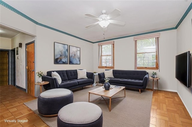 1922 E 16th St, Brooklyn, NY 11229 - living room with ornamental molding and a ceiling fan