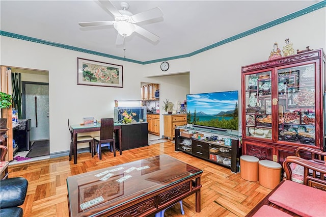 1922 E 16th St, Brooklyn, NY 11229 - living room featuring a ceiling fan, crown molding, and a desk