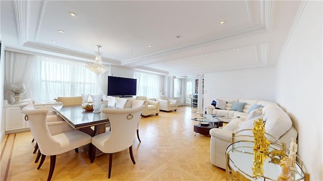 1311 Brightwater Ave Unit 8De, Brooklyn, NY 11235 - dining space with a raised ceiling, crown molding, a chandelier, and recessed lighting