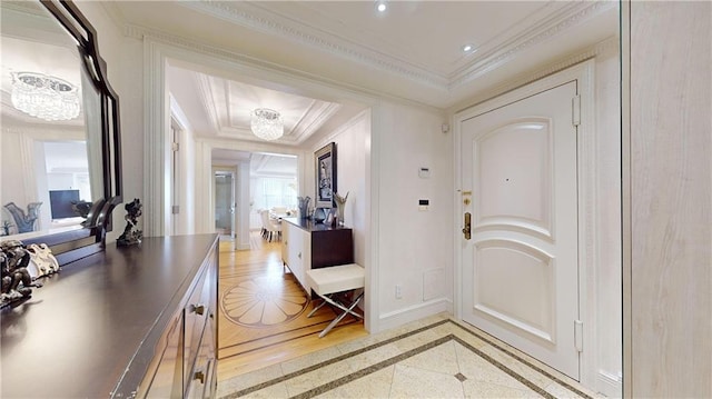 1311 Brightwater Ave Unit 8De, Brooklyn, NY 11235 - hall featuring inlaid floor details, ornamental molding, baseboards, an office area, and recessed lighting
