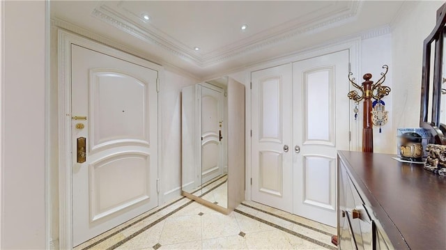 1311 Brightwater Ave Unit 8De, Brooklyn, NY 11235 - entryway featuring inlaid floor details, crown molding, and recessed lighting