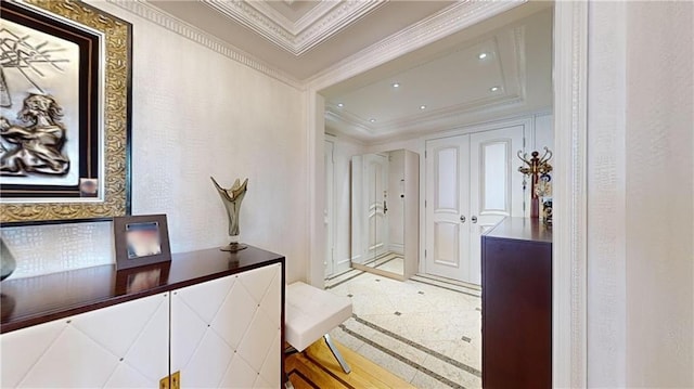1311 Brightwater Ave Unit 8De, Brooklyn, NY 11235 - hallway featuring inlaid floor details, ornamental molding, and recessed lighting
