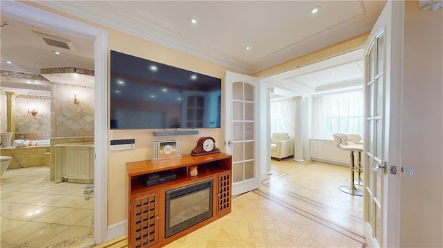 1311 Brightwater Ave Unit 8De, Brooklyn, NY 11235 - hall featuring french doors, ornamental molding, and recessed lighting