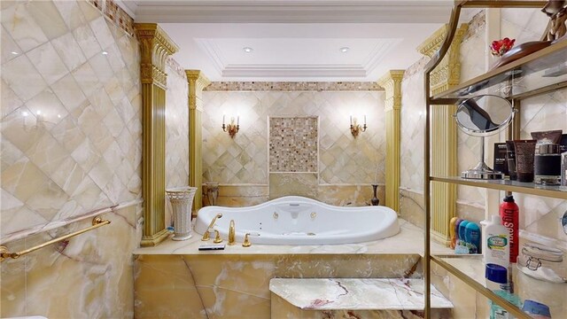 1311 Brightwater Ave Unit 8De, Brooklyn, NY 11235 - bathroom with ornamental molding, tile walls, and a jetted tub