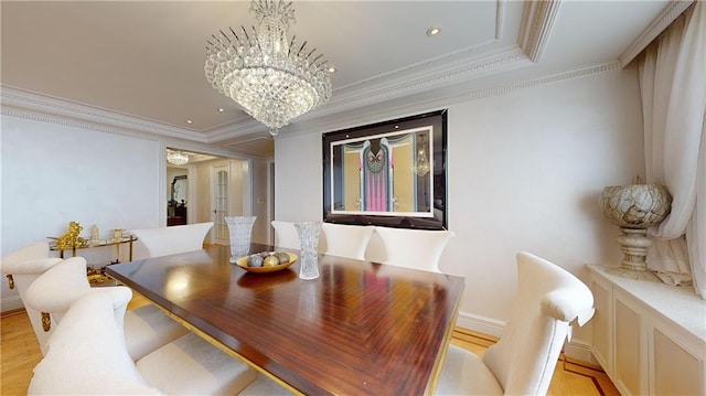 1311 Brightwater Ave Unit 8De, Brooklyn, NY 11235 - dining space with a chandelier, ornamental molding, recessed lighting, light wood finished floors, and baseboards