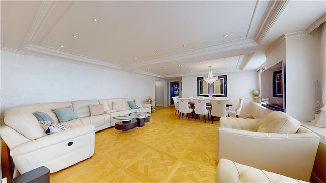 1311 Brightwater Ave Unit 8De, Brooklyn, NY 11235 - living area with a tray ceiling, crown molding, and recessed lighting
