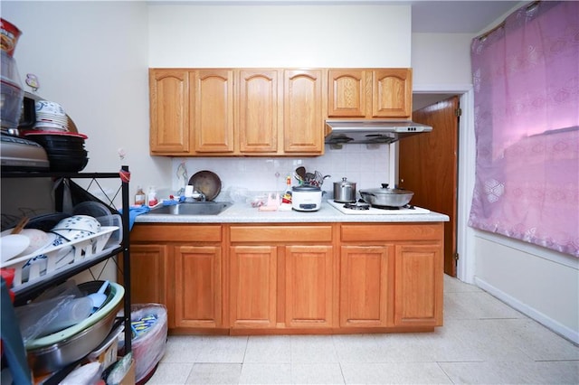 2123 71st St, Brooklyn, NY 11204 - kitchen featuring under cabinet range hood, light countertops, tasteful backsplash, and light tile patterned flooring
