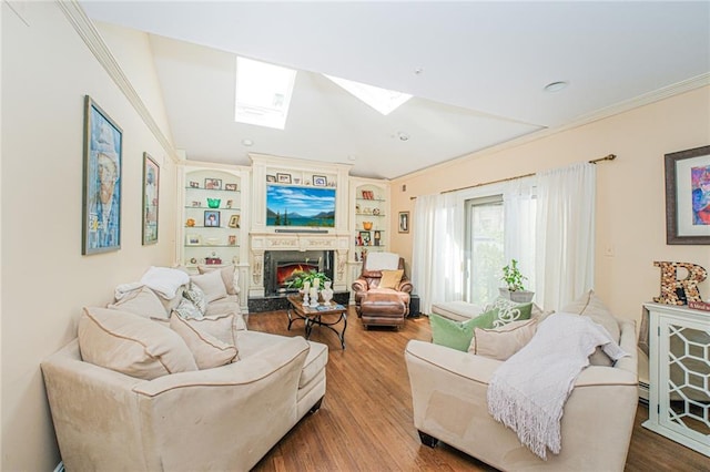 34 Burton Ave, Staten Island, NY 10309 - living area featuring a skylight, vaulted ceiling, wood finished floors, a lit fireplace, and built in features