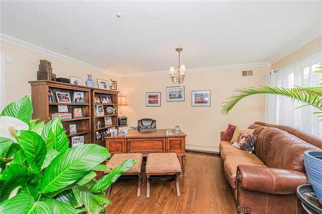 34 Burton Ave, Staten Island, NY 10309 - home office with a baseboard radiator, wood finished floors, crown molding, and a chandelier