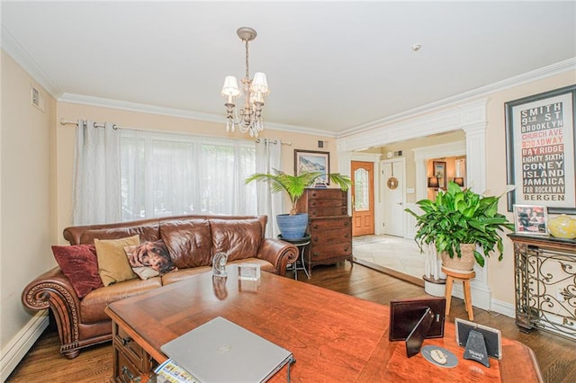 34 Burton Ave, Staten Island, NY 10309 - living room featuring a baseboard radiator, crown molding, a chandelier, and wood finished floors