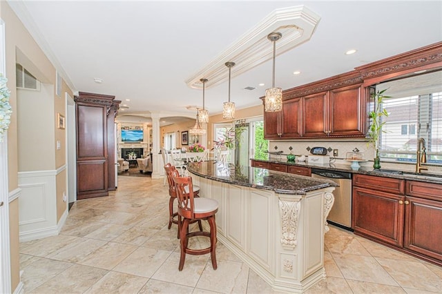 34 Burton Ave, Staten Island, NY 10309 - kitchen featuring stainless steel dishwasher, ornate columns, tasteful backsplash, dark stone countertops, and open floor plan