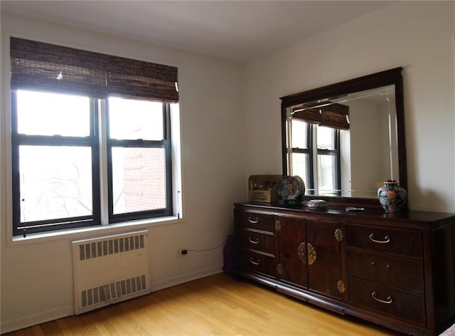 61 Oliver St Unit 5B, Brooklyn, NY 11209 - bedroom with radiator, light wood-style flooring, and baseboards