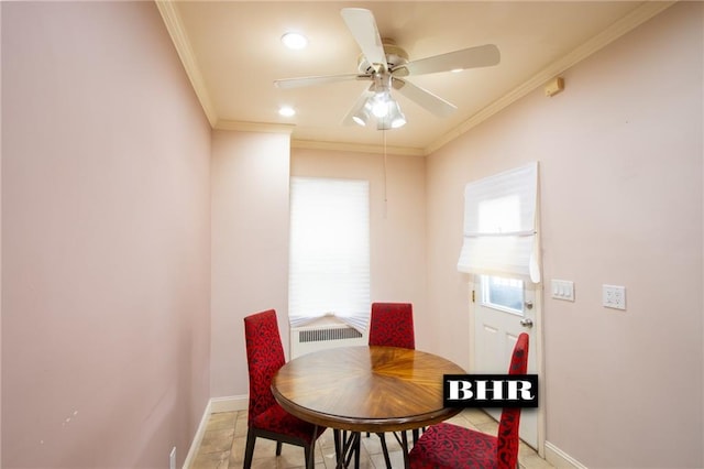 4060 Ocean Ave, Brooklyn, NY 11235 - dining area featuring ceiling fan, crown molding, radiator heating unit, and recessed lighting