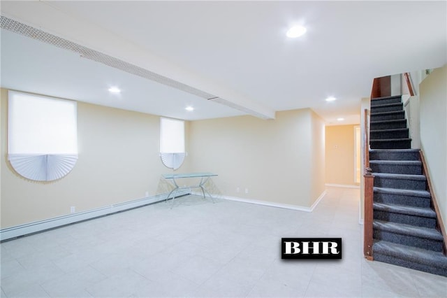 4060 Ocean Ave, Brooklyn, NY 11235 - finished below grade area featuring baseboard heating, stairs, and recessed lighting