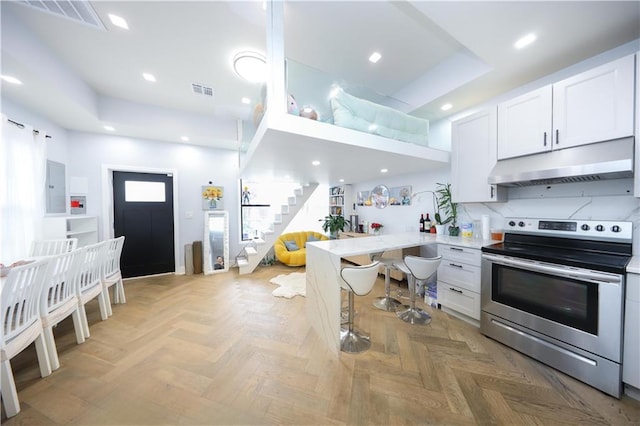 4 Lake Ave, Brooklyn, NY 11235 - kitchen with electric stove, under cabinet range hood, electric panel, white cabinetry, and a peninsula