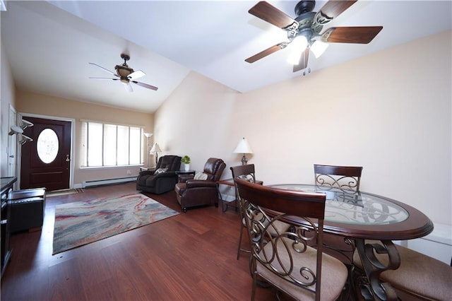177 Russek Dr Unit 1, Staten Island, NY 10312 - dining space featuring ceiling fan, baseboard heating, wood finished floors, and vaulted ceiling