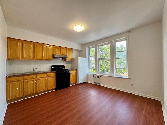 1414 76th St, Brooklyn, NY 11228 - kitchen featuring black gas stove, freestanding refrigerator, radiator heating unit, a sink, and under cabinet range hood