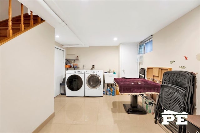 2077 Hendrickson St, Brooklyn, NY 11234 - washroom featuring independent washer and dryer, tile patterned floors, recessed lighting, baseboards, and a sink