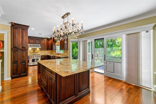 476 Hargold Ave, Staten Island, NY 10309 - kitchen with stainless steel stove, under cabinet range hood, a sink, ornamental molding, and light stone countertops
