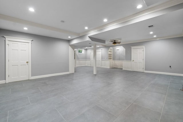 476 Hargold Ave, Staten Island, NY 10309 - finished below grade area with recessed lighting, light tile patterned floors, and a ceiling fan