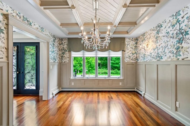 476 Hargold Ave, Staten Island, NY 10309 - unfurnished dining area featuring wallpapered walls, a decorative wall, light wood finished floors, a chandelier, and a wainscoted wall