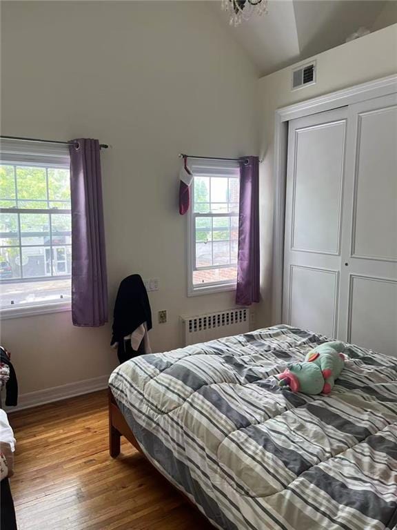 1711 E 36th St, Brooklyn, NY 11234 - bedroom featuring radiator, wood finished floors, lofted ceiling, a closet, and baseboards
