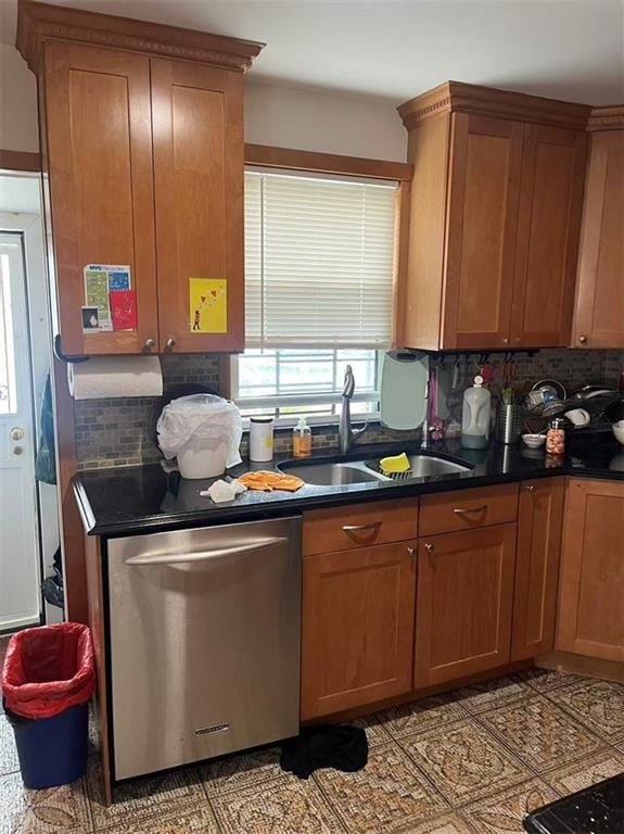 1711 E 36th St, Brooklyn, NY 11234 - kitchen with dishwasher, a sink, decorative backsplash, dark countertops, and brown cabinets