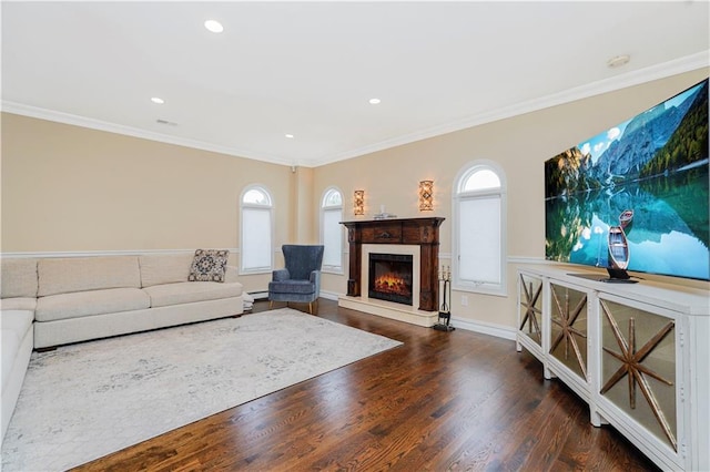 237 Swinnerton St, Staten Island, NY 10307 - living area with a warm lit fireplace, dark wood-style floors, ornamental molding, healthy amount of natural light, and a baseboard radiator