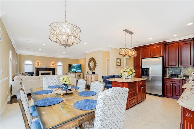 237 Swinnerton St, Staten Island, NY 10307 - dining space with a chandelier, recessed lighting, light tile patterned flooring, and ornamental molding