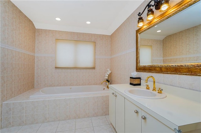 237 Swinnerton St, Staten Island, NY 10307 - full bath with vanity, a garden tub, tile walls, tile patterned flooring, and recessed lighting