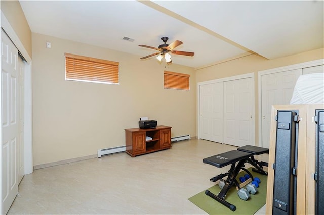 237 Swinnerton St, Staten Island, NY 10307 - exercise area featuring a ceiling fan, a baseboard radiator, light floors, a baseboard heating unit, and baseboards