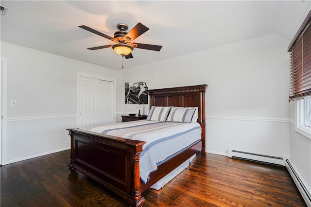 237 Swinnerton St, Staten Island, NY 10307 - bedroom featuring a baseboard radiator, wood finished floors, a closet, and ceiling fan