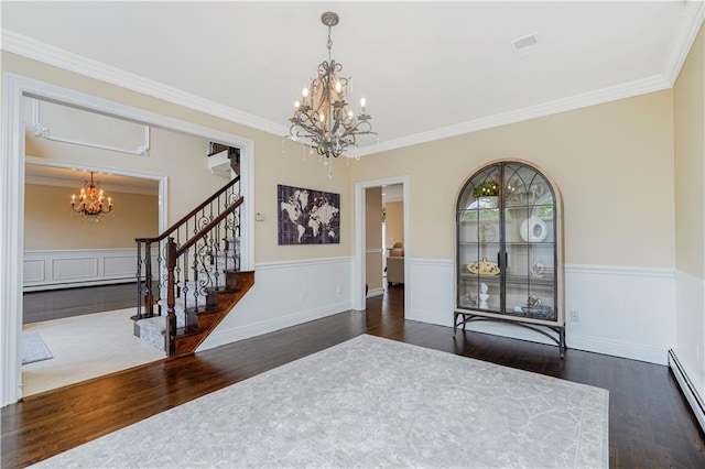 237 Swinnerton St, Staten Island, NY 10307 - entrance foyer featuring a chandelier, baseboard heating, dark wood finished floors, stairway, and ornamental molding