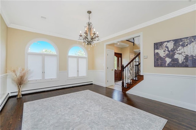 237 Swinnerton St, Staten Island, NY 10307 - unfurnished room with dark wood-style floors, a chandelier, stairway, ornamental molding, and wainscoting