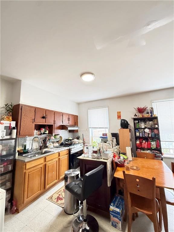 1641 82nd St, Brooklyn, NY 11214 - kitchen featuring a sink, stainless steel gas stove, brown cabinetry, light flooring, and light countertops