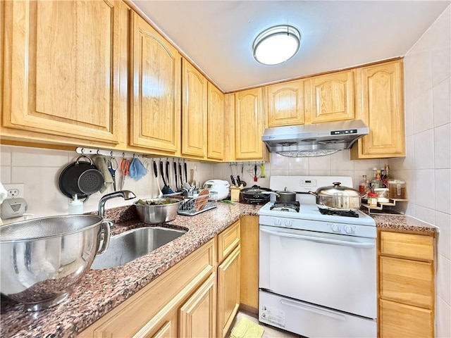 1871 W 8th St, Brooklyn, NY 11223 - kitchen with white gas range, under cabinet range hood, light brown cabinets, stone counters, and decorative backsplash