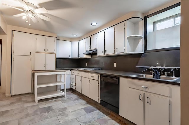 27 Bascom Pl, Staten Island, NY 10314 - kitchen with black dishwasher, open shelves, a sink, under cabinet range hood, and tasteful backsplash