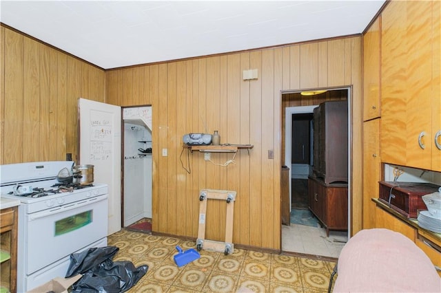 660 85th St, Brooklyn, NY 11228 - kitchen featuring white gas range oven and wood walls
