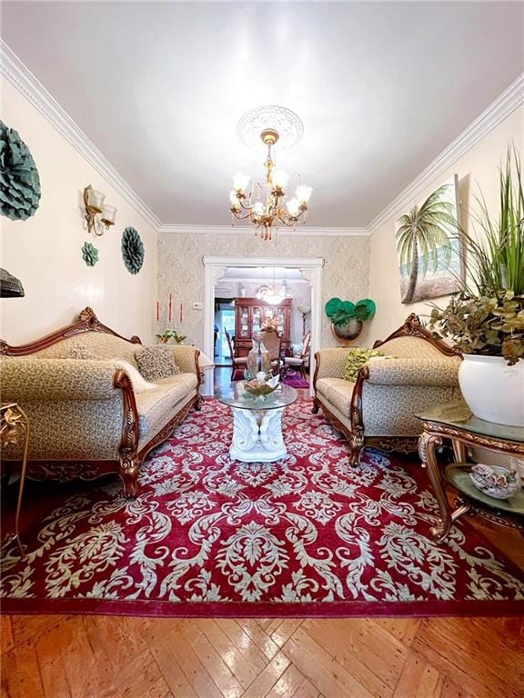 1566 E 46th St, Brooklyn, NY 11234 - living area featuring a chandelier, wallpapered walls, crown molding, and wood finished floors