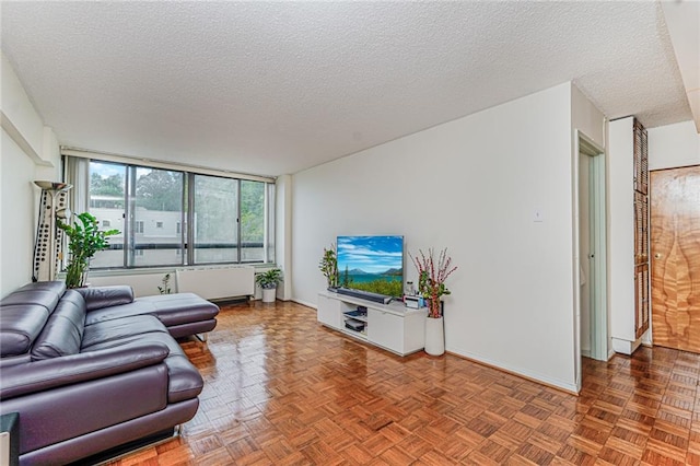 755 Narrows Rd N Unit 602, Staten Island, NY 10304 - living area featuring radiator heating unit, a textured ceiling, and baseboards