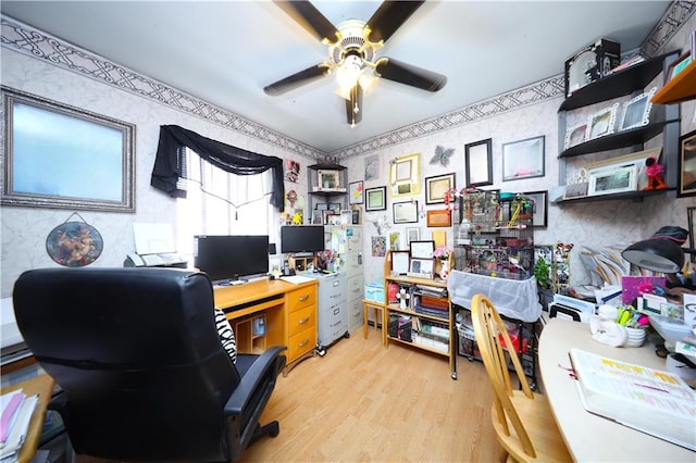53 Marisa Cir, Staten Island, NY 10309 - home office featuring light wood-style floors, ceiling fan, and wallpapered walls