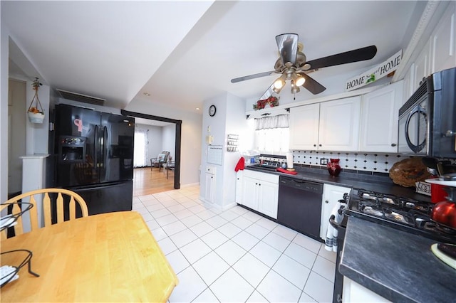 53 Marisa Cir, Staten Island, NY 10309 - kitchen featuring black appliances, light tile patterned floors, ceiling fan, white cabinets, and dark countertops