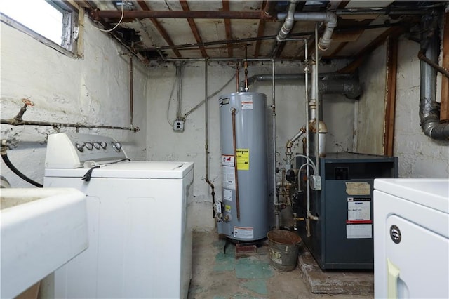8669 15th Ave, Brooklyn, NY 11228 - unfinished basement with water heater, washer and clothes dryer, and a heating unit