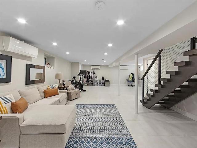 4906 21st Ave, East Elmhurst, NY 11370 - living room featuring an AC wall unit, baseboards, light tile patterned floors, stairs, and recessed lighting