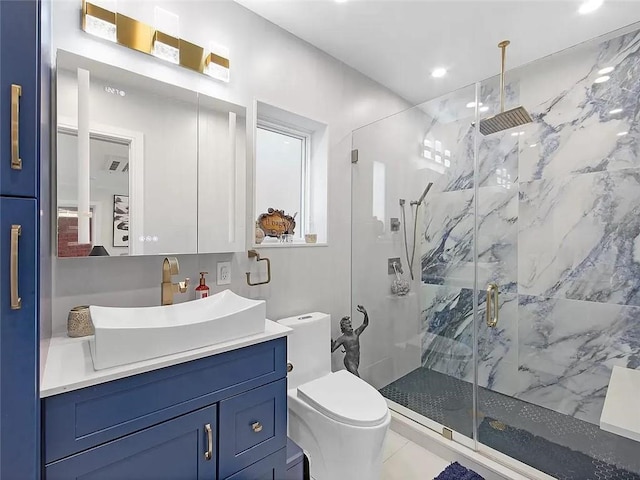 4906 21st Ave, East Elmhurst, NY 11370 - bathroom featuring a marble finish shower, vanity, toilet, and recessed lighting