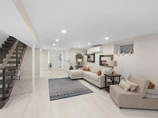 4906 21st Ave, East Elmhurst, NY 11370 - living room featuring stairway, an AC wall unit, light tile patterned flooring, recessed lighting, and baseboards