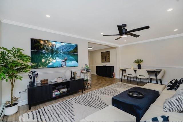 400 Maryland Ave Unit 2D, Staten Island, NY 10305 - living room with wood finished floors, a ceiling fan, crown molding, recessed lighting, and a baseboard heating unit