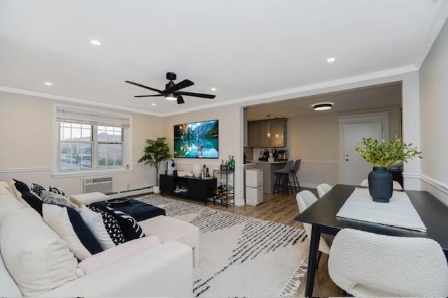 400 Maryland Ave Unit 2D, Staten Island, NY 10305 - living room featuring ornamental molding, ceiling fan, wood finished floors, recessed lighting, and a wall unit AC
